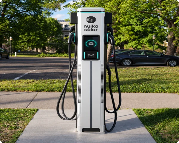 Nyika Solar freestanding electric vehicle charging pedestal with dual charging cables, digital interface and integrated cable management.